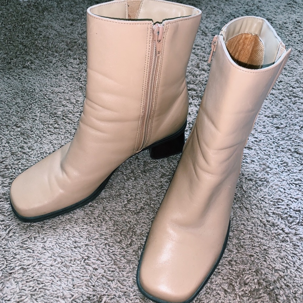 cream, leather square toe booties